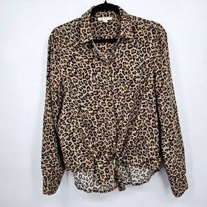 Beach‎ Lunch Lounge Leopard Print Long Sleeve Collared Button Down Blouse Size S